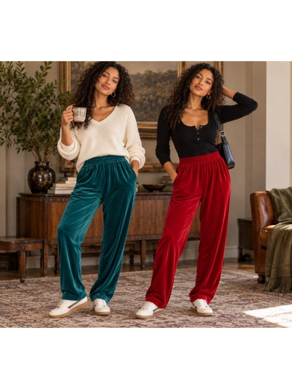 Vintage Diane von Furstenberg Velour Pants Lot of 2 Red Teal Size M USA